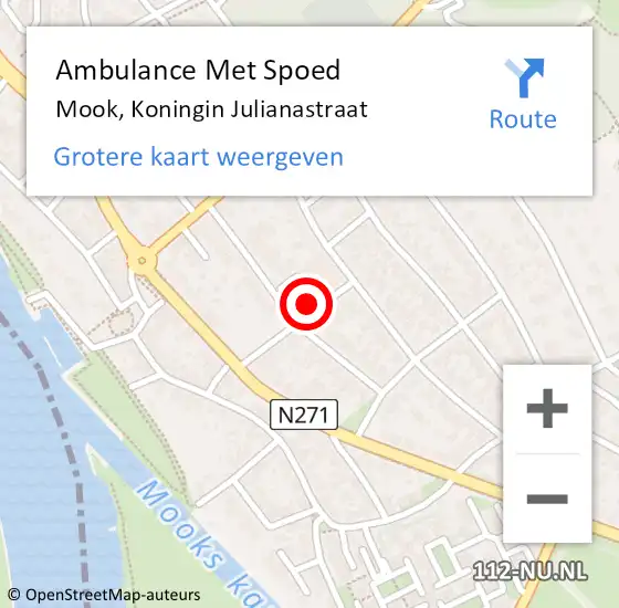 Locatie op kaart van de 112 melding: Ambulance Met Spoed Naar Mook, Koningin Julianastraat op 8 november 2021 10:27