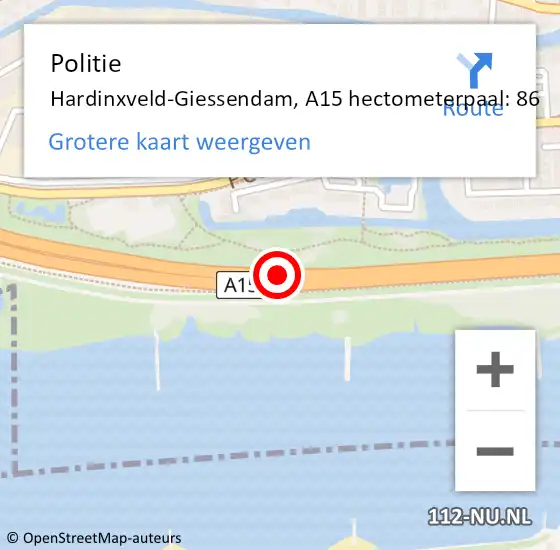Locatie op kaart van de 112 melding: Politie Hardinxveld-Giessendam, A15 hectometerpaal: 86 op 8 november 2021 10:52