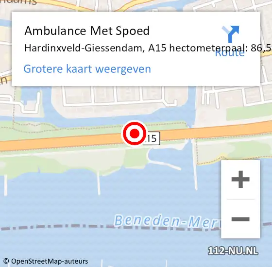 Locatie op kaart van de 112 melding: Ambulance Met Spoed Naar Hardinxveld-Giessendam, A15 hectometerpaal: 86,5 op 8 november 2021 10:53