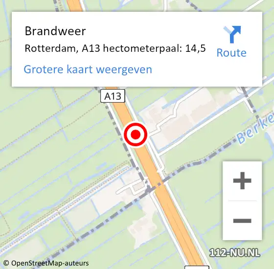 Locatie op kaart van de 112 melding: Brandweer Rotterdam, A13 hectometerpaal: 14,5 op 8 november 2021 12:16