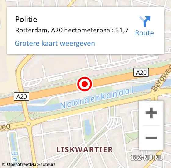 Locatie op kaart van de 112 melding: Politie Rotterdam, A20 hectometerpaal: 31,7 op 8 november 2021 14:08