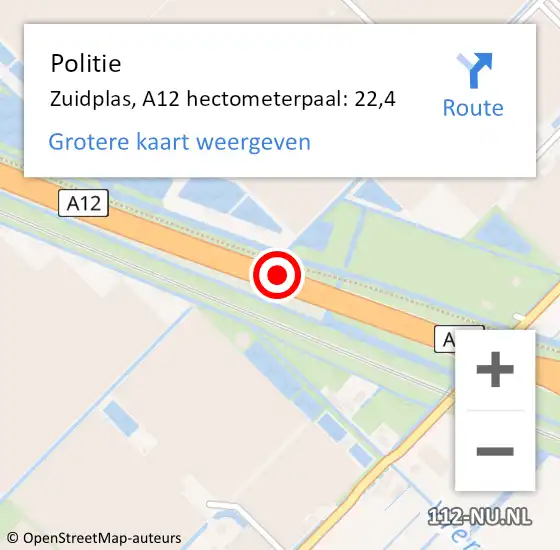 Locatie op kaart van de 112 melding: Politie Zuidplas, A12 hectometerpaal: 22,4 op 8 november 2021 14:44