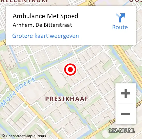 Locatie op kaart van de 112 melding: Ambulance Met Spoed Naar Arnhem, De Bitterstraat op 8 november 2021 15:15