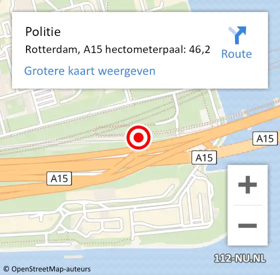 Locatie op kaart van de 112 melding: Politie Rotterdam, A15 hectometerpaal: 46,2 op 8 november 2021 15:49