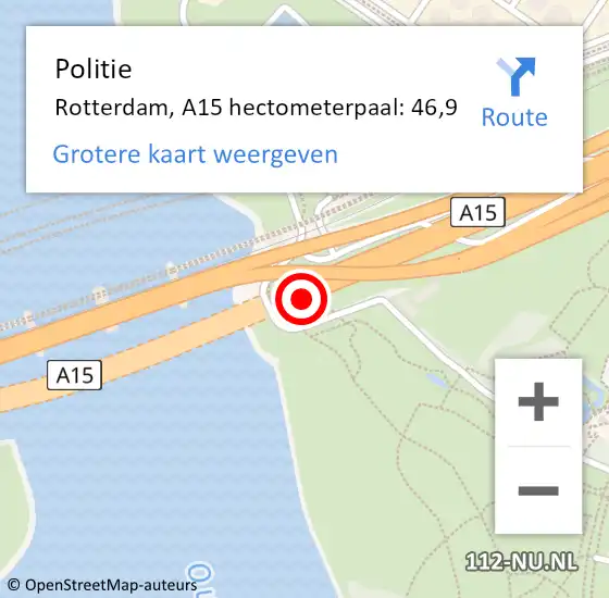 Locatie op kaart van de 112 melding: Politie Rotterdam, A15 hectometerpaal: 46,9 op 8 november 2021 15:52
