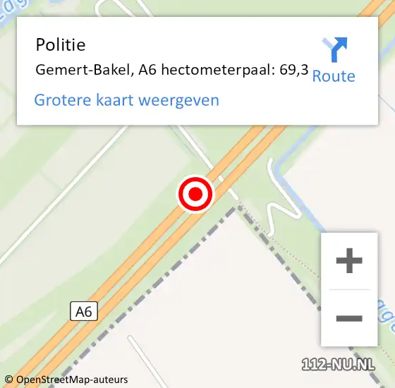 Locatie op kaart van de 112 melding: Politie Gemert-Bakel, A6 hectometerpaal: 69,3 op 8 november 2021 15:56