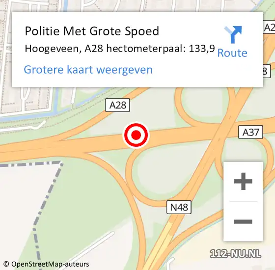 Locatie op kaart van de 112 melding: Politie Met Grote Spoed Naar Hoogeveen, A28 hectometerpaal: 133,9 op 8 november 2021 16:40