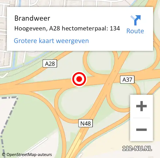 Locatie op kaart van de 112 melding: Brandweer Hoogeveen, A28 hectometerpaal: 134 op 8 november 2021 16:42