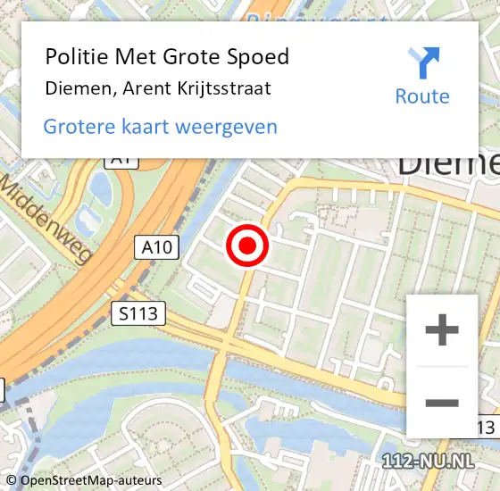 Locatie op kaart van de 112 melding: Politie Met Grote Spoed Naar Diemen, Arent Krijtsstraat op 8 november 2021 17:30