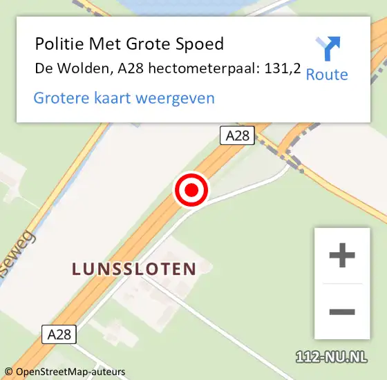 Locatie op kaart van de 112 melding: Politie Met Grote Spoed Naar De Wolden, A28 hectometerpaal: 131,2 op 8 november 2021 17:37