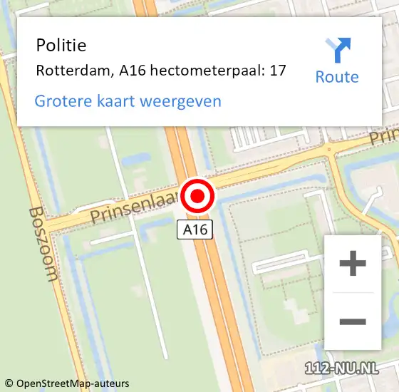 Locatie op kaart van de 112 melding: Politie Rotterdam, A16 hectometerpaal: 17 op 8 november 2021 18:02