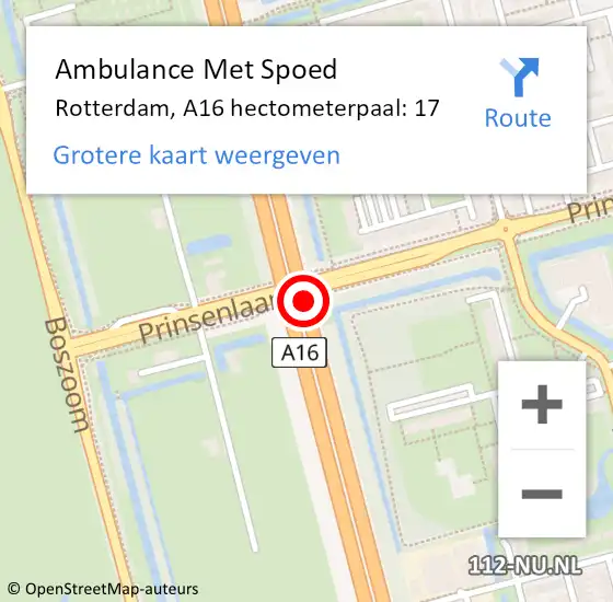 Locatie op kaart van de 112 melding: Ambulance Met Spoed Naar Rotterdam, A16 hectometerpaal: 17 op 8 november 2021 18:04