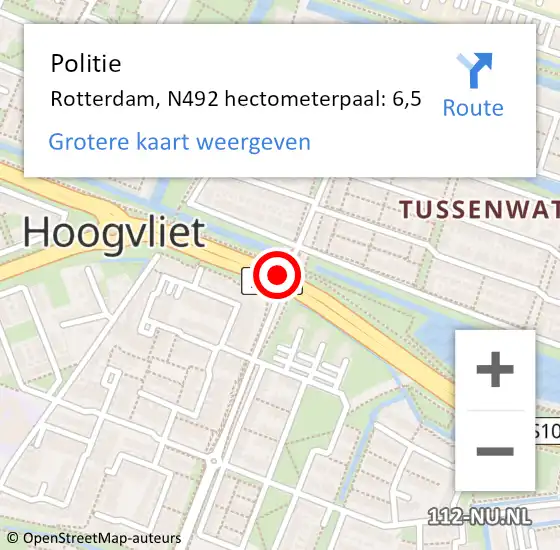 Locatie op kaart van de 112 melding: Politie Rotterdam, N492 hectometerpaal: 6,5 op 8 november 2021 23:51