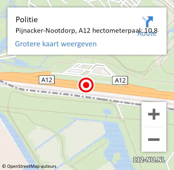 Locatie op kaart van de 112 melding: Politie Pijnacker-Nootdorp, A12 hectometerpaal: 10,8 op 9 november 2021 01:26