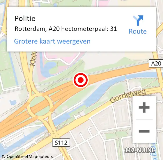 Locatie op kaart van de 112 melding: Politie Rotterdam, A20 hectometerpaal: 31 op 9 november 2021 06:20