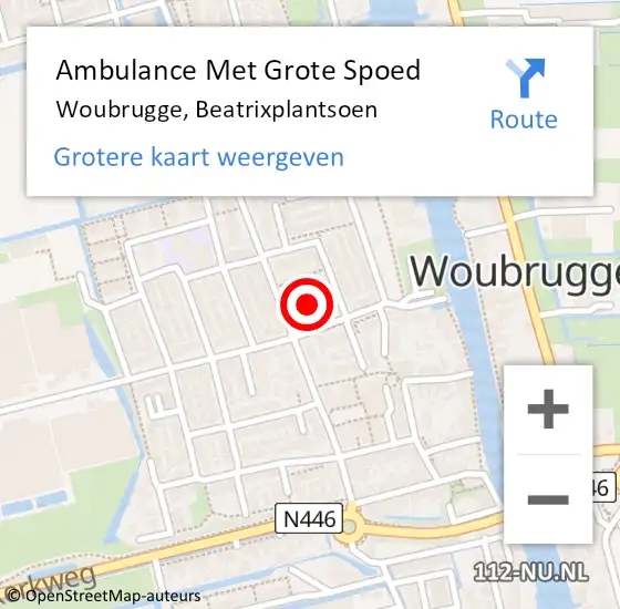 Locatie op kaart van de 112 melding: Ambulance Met Grote Spoed Naar Woubrugge, Beatrixplantsoen op 9 november 2021 06:35