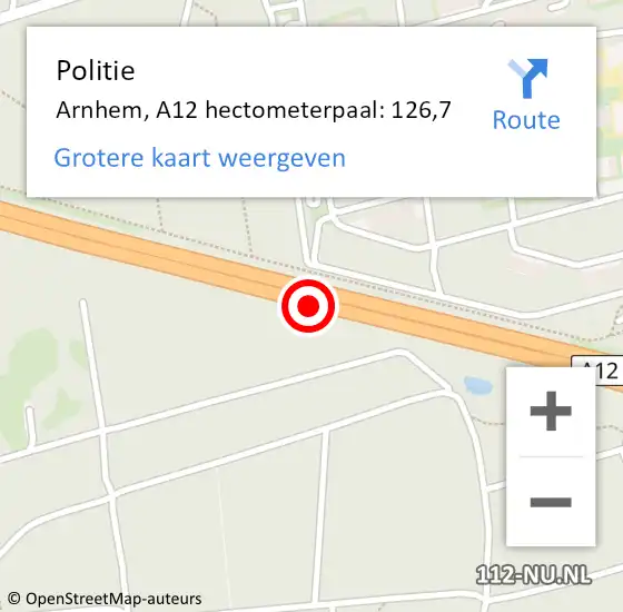 Locatie op kaart van de 112 melding: Politie Arnhem, A12 hectometerpaal: 126,7 op 9 november 2021 07:16