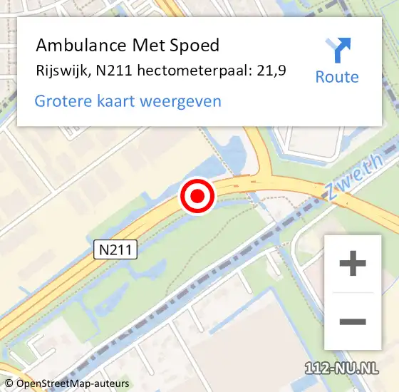 Locatie op kaart van de 112 melding: Ambulance Met Spoed Naar Rijswijk, N211 hectometerpaal: 21,9 op 9 november 2021 07:54