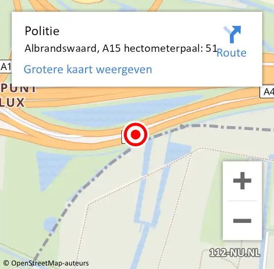 Locatie op kaart van de 112 melding: Politie Albrandswaard, A15 hectometerpaal: 51 op 9 november 2021 07:59