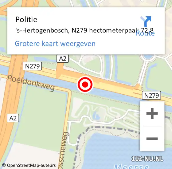 Locatie op kaart van de 112 melding: Politie 's-Hertogenbosch, N279 hectometerpaal: 72,8 op 9 november 2021 08:14