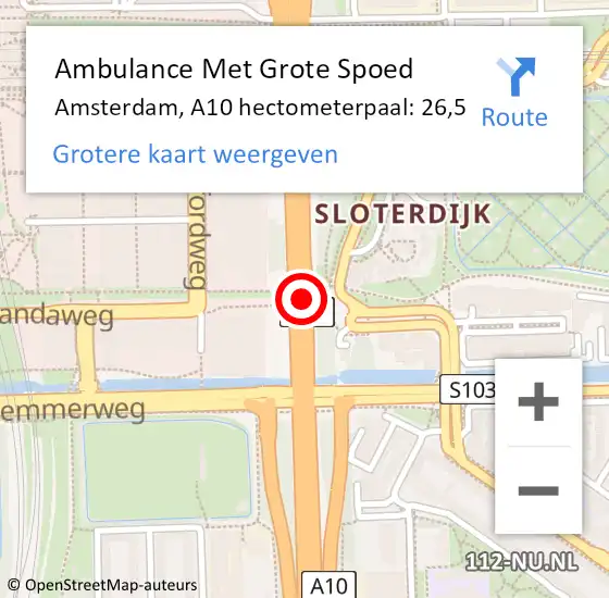 Locatie op kaart van de 112 melding: Ambulance Met Grote Spoed Naar Amsterdam, A10 hectometerpaal: 26,5 op 9 november 2021 09:01