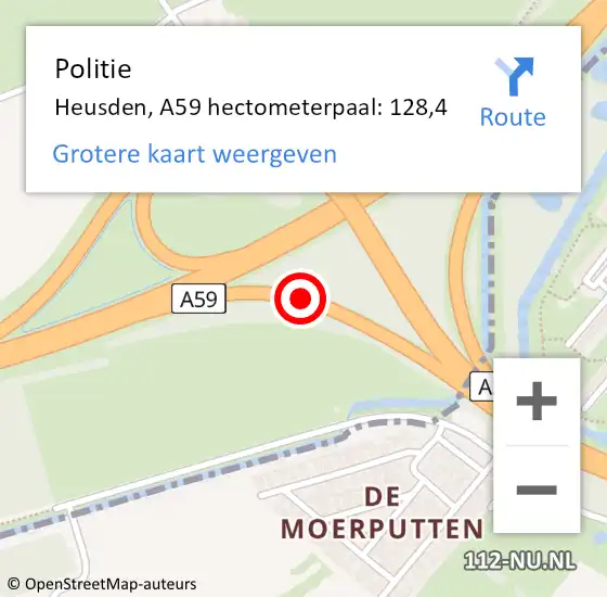 Locatie op kaart van de 112 melding: Politie Heusden, A59 hectometerpaal: 128,4 op 9 november 2021 09:35