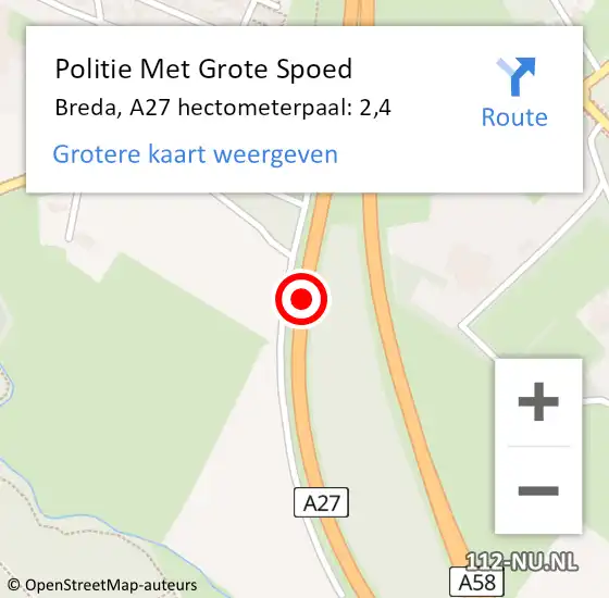 Locatie op kaart van de 112 melding: Politie Met Grote Spoed Naar Breda, A27 hectometerpaal: 2,4 op 9 november 2021 12:57