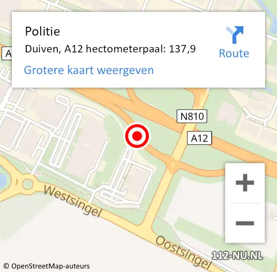 Locatie op kaart van de 112 melding: Politie Duiven, A12 hectometerpaal: 137,9 op 9 november 2021 15:45