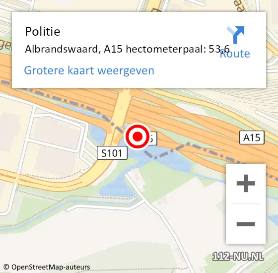 Locatie op kaart van de 112 melding: Politie Albrandswaard, A15 hectometerpaal: 53,6 op 9 november 2021 16:10