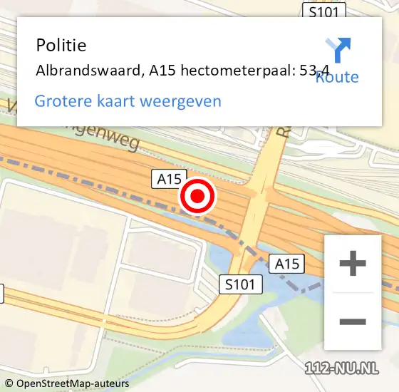 Locatie op kaart van de 112 melding: Politie Albrandswaard, A15 hectometerpaal: 53,4 op 9 november 2021 16:13