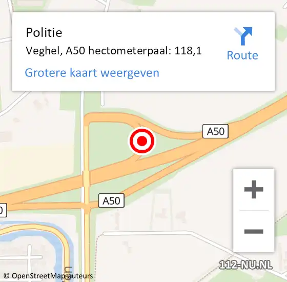 Locatie op kaart van de 112 melding: Politie Veghel, A50 hectometerpaal: 118,1 op 9 november 2021 16:25