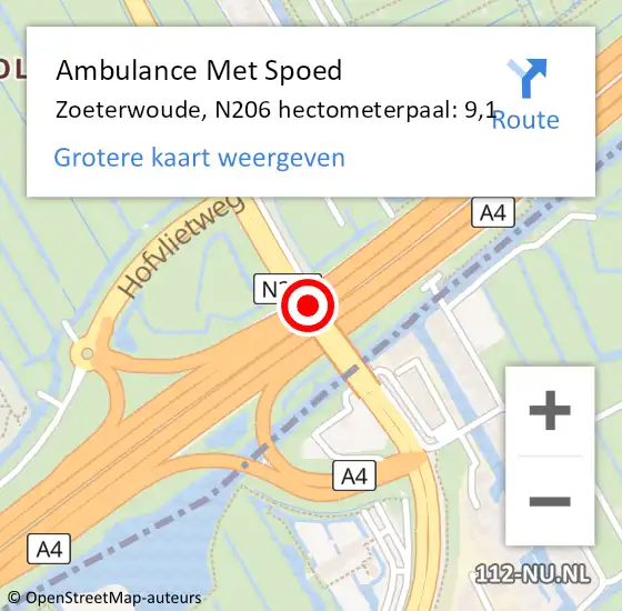 Locatie op kaart van de 112 melding: Ambulance Met Spoed Naar Zoeterwoude, N206 hectometerpaal: 9,1 op 9 november 2021 17:18