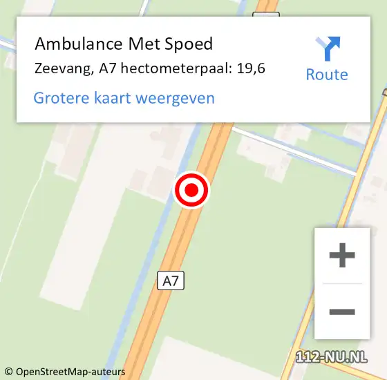 Locatie op kaart van de 112 melding: Ambulance Met Spoed Naar Zeevang, A7 hectometerpaal: 19,6 op 9 november 2021 17:31