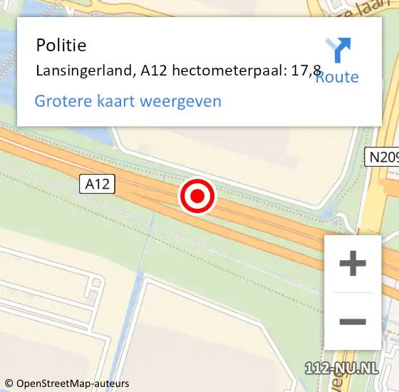 Locatie op kaart van de 112 melding: Politie Lansingerland, A12 hectometerpaal: 17,8 op 9 november 2021 19:44