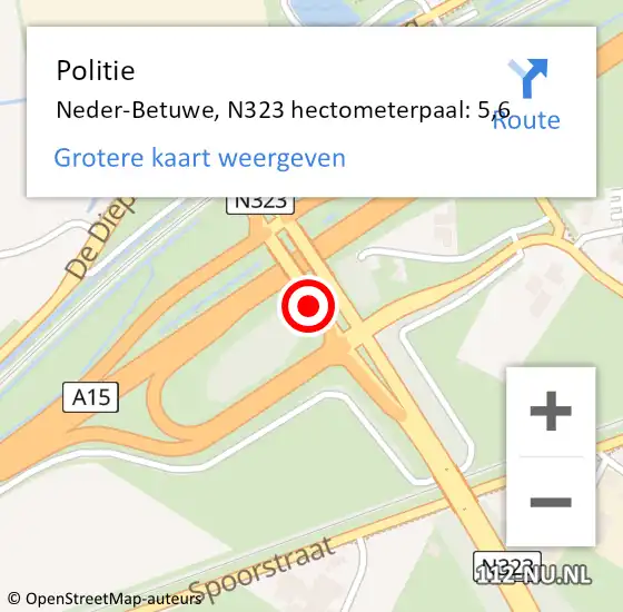 Locatie op kaart van de 112 melding: Politie Neder-Betuwe, N323 hectometerpaal: 5,6 op 10 november 2021 05:02