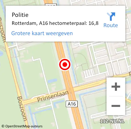 Locatie op kaart van de 112 melding: Politie Rotterdam, A16 hectometerpaal: 16,8 op 10 november 2021 06:57