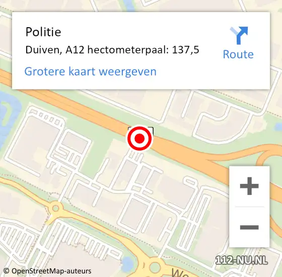 Locatie op kaart van de 112 melding: Politie Duiven, A12 hectometerpaal: 137,5 op 10 november 2021 07:12