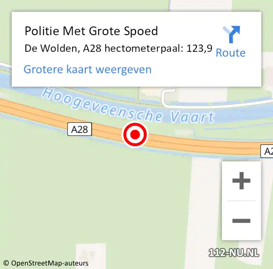 Locatie op kaart van de 112 melding: Politie Met Grote Spoed Naar De Wolden, A28 hectometerpaal: 123,9 op 10 november 2021 08:20