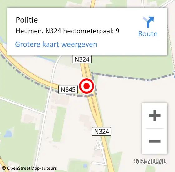 Locatie op kaart van de 112 melding: Politie Heumen, N324 hectometerpaal: 9 op 10 november 2021 08:35