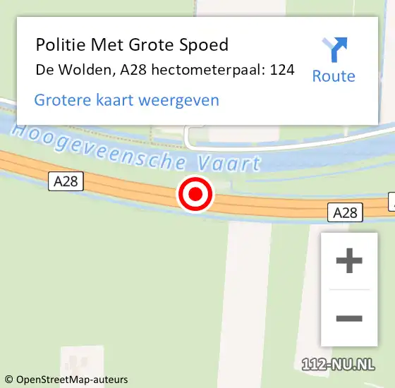 Locatie op kaart van de 112 melding: Politie Met Grote Spoed Naar De Wolden, A28 hectometerpaal: 124 op 10 november 2021 08:37