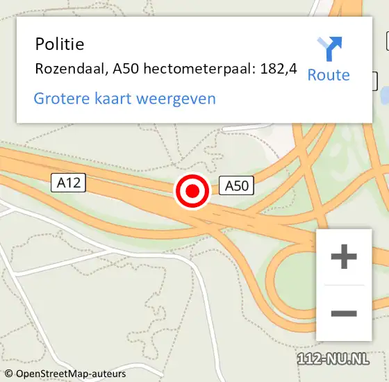 Locatie op kaart van de 112 melding: Politie Rozendaal, A50 hectometerpaal: 182,4 op 10 november 2021 09:35