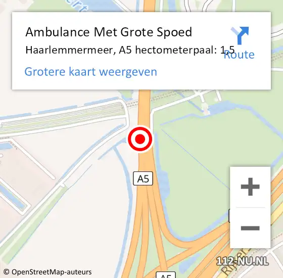 Locatie op kaart van de 112 melding: Ambulance Met Grote Spoed Naar Haarlemmermeer, A5 hectometerpaal: 1,5 op 10 november 2021 10:14