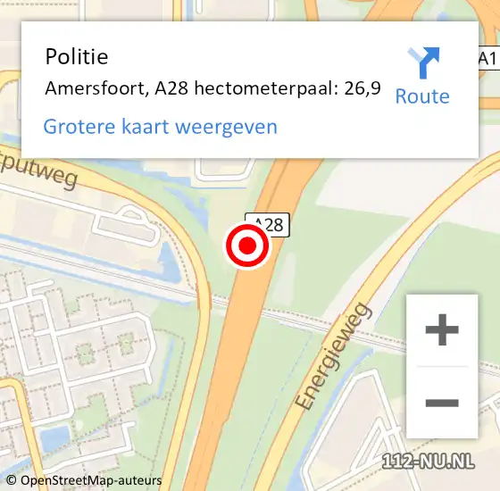 Locatie op kaart van de 112 melding: Politie Amersfoort, A28 hectometerpaal: 26,9 op 10 november 2021 11:45