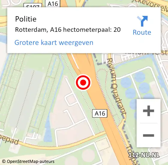 Locatie op kaart van de 112 melding: Politie Rotterdam, A16 hectometerpaal: 20 op 10 november 2021 13:22