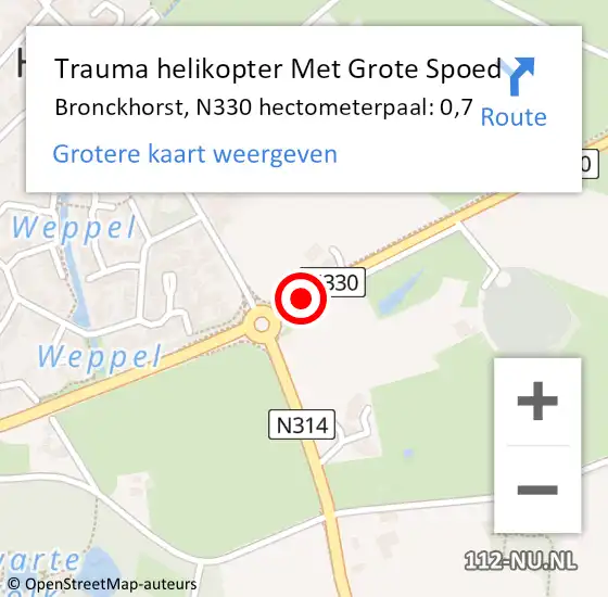 Locatie op kaart van de 112 melding: Trauma helikopter Met Grote Spoed Naar Bronckhorst, N330 hectometerpaal: 0,7 op 10 november 2021 15:52