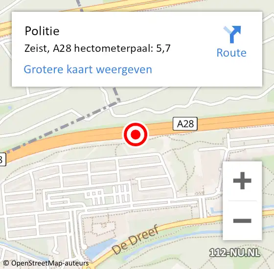 Locatie op kaart van de 112 melding: Politie Zeist, A28 hectometerpaal: 5,7 op 10 november 2021 18:14