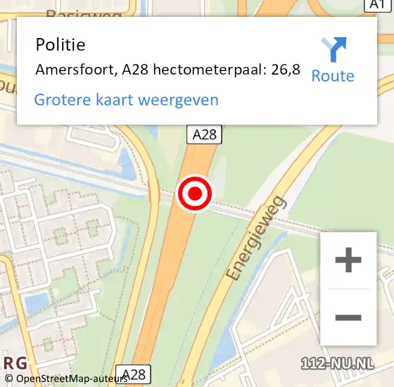 Locatie op kaart van de 112 melding: Politie Amersfoort, A28 hectometerpaal: 26,8 op 10 november 2021 18:51
