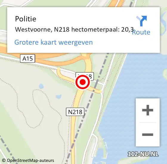 Locatie op kaart van de 112 melding: Politie Westvoorne, N218 hectometerpaal: 20,3 op 10 november 2021 19:05