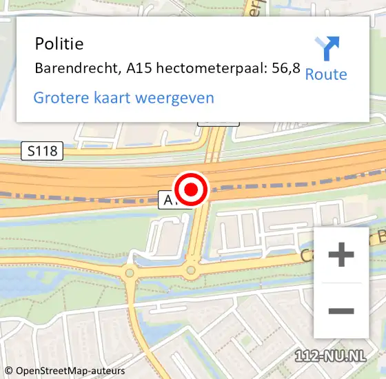 Locatie op kaart van de 112 melding: Politie Barendrecht, A15 hectometerpaal: 56,8 op 10 november 2021 19:06