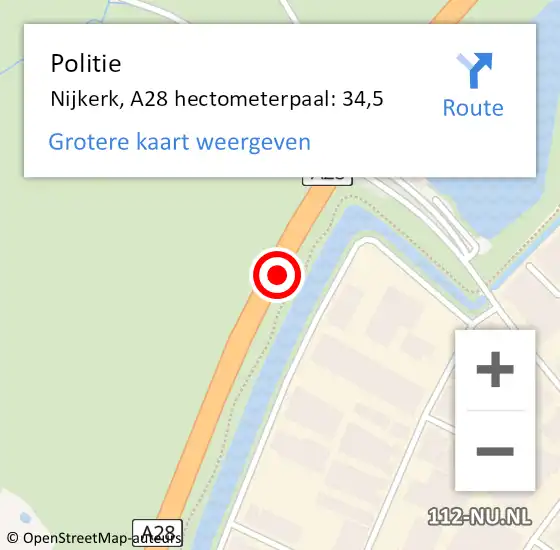 Locatie op kaart van de 112 melding: Politie Nijkerk, A28 hectometerpaal: 34,5 op 11 november 2021 00:09